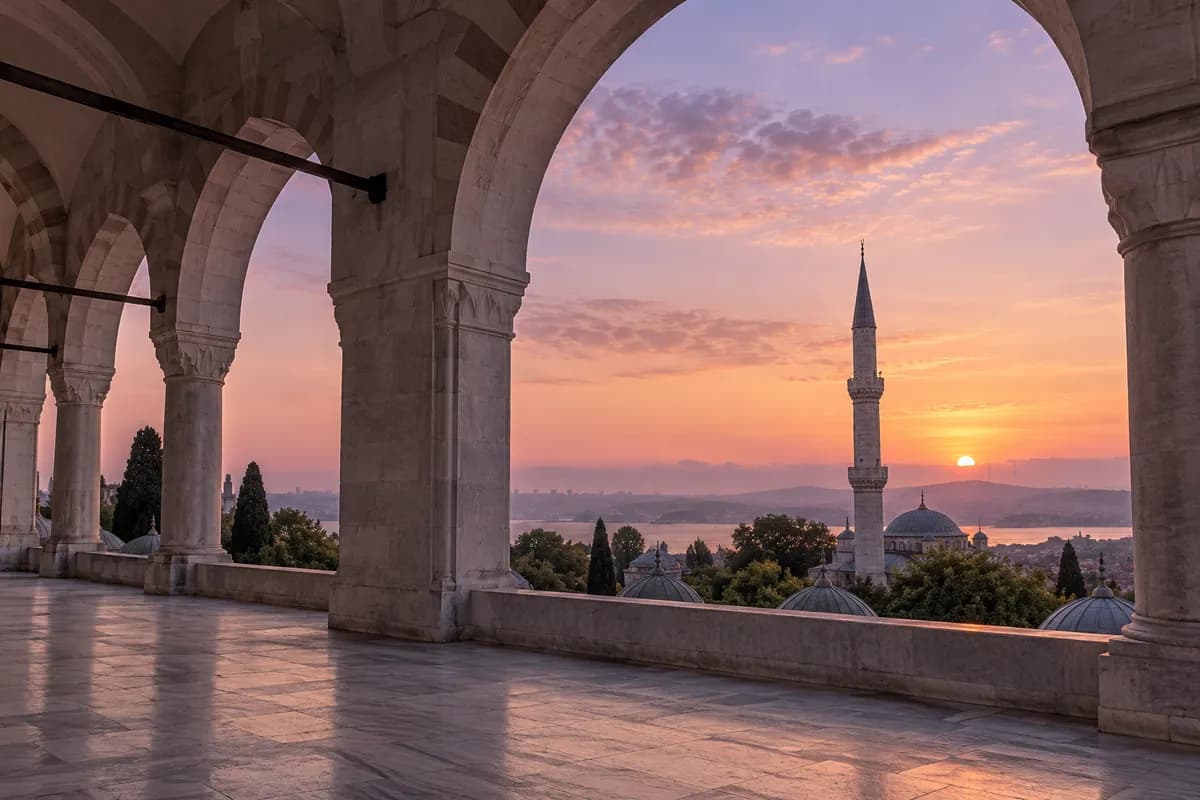 Seher ışığında revak ve minare; Ayanur için üretilmiş mimari görsel